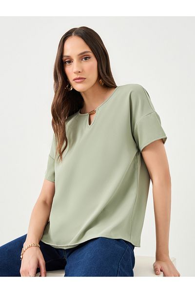 Styli Women Green Solid Keyhole Neck Short Sleeve Blouse