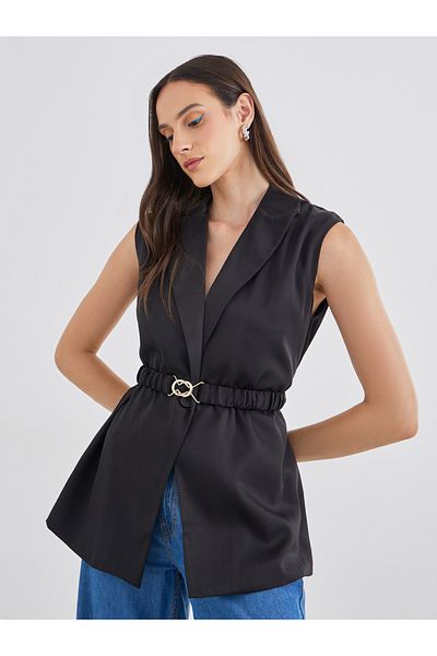 Styli Women Black Regular Fit Longline Sleeveless Belted Blazer