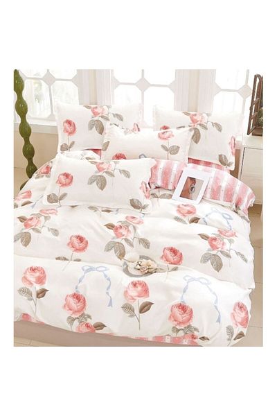OEM Double Bed Linen Set, 6 Pieces, 2 Persons, 240x250cm, Coral-White Peony Print