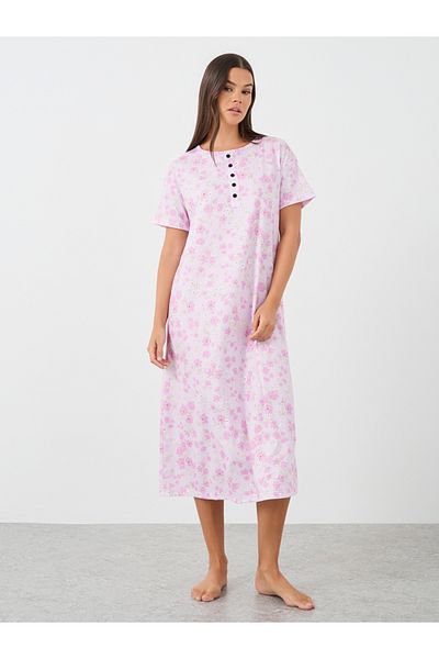 Styli All-Over Print Short Sleeve Buttoned Night Dress