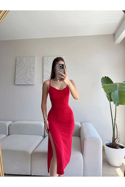 Zoom Butik Strappy Deep Slit Dress - Red
