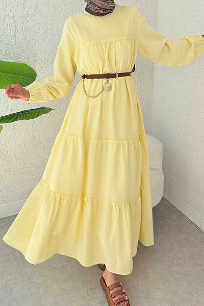 Salih Çelebi Layered Detailed Dress 2355 - Yellow