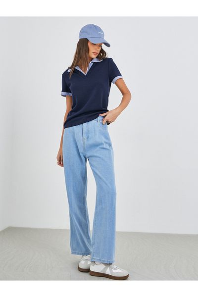 Styli Gingham Print Collar Knitted Short Sleeve Top
