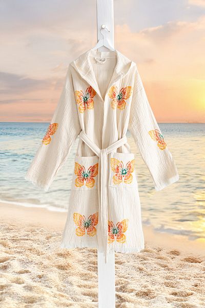 VAROL Organic 100% Cotton Hooded Robe Beach Dress - Butterfly - L/Xl