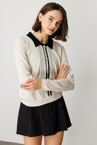 Onteks 59320 Long Sleeved Bluz with Buttons on the Collar and Front with Zigzag Look