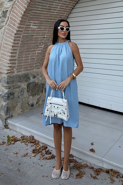 Fav Style Women's Halter Neck Sleeveless Pocketed Linen Woven Short Dress Blue