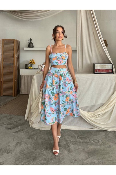 conconmoda Dalia Çiçek Baskılı Keten Midi Elbise