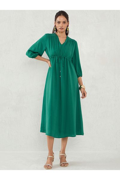 Femmella By Styli Green Solid Drawstring Waist A-Line Midi Dress