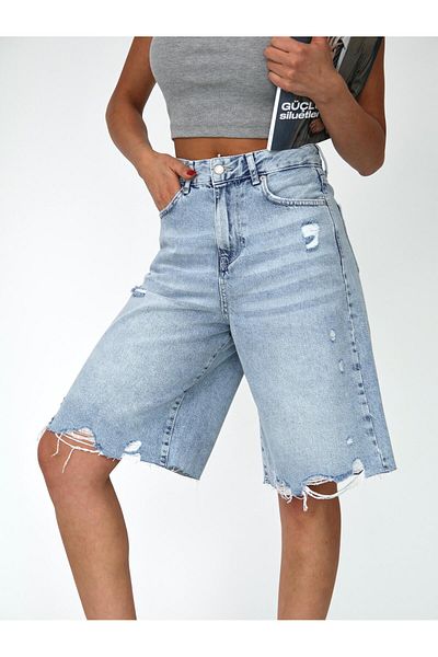 Zeo Basic Pantaloni scurți Bermuda lungi pentru femei, cu detaliu rupt, lungime midi, albastru deschis, zăpadă