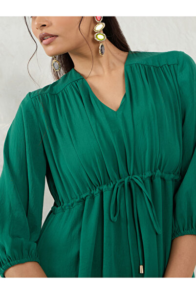 Femmella By Styli Green Solid Drawstring Waist A-Line Midi Dress