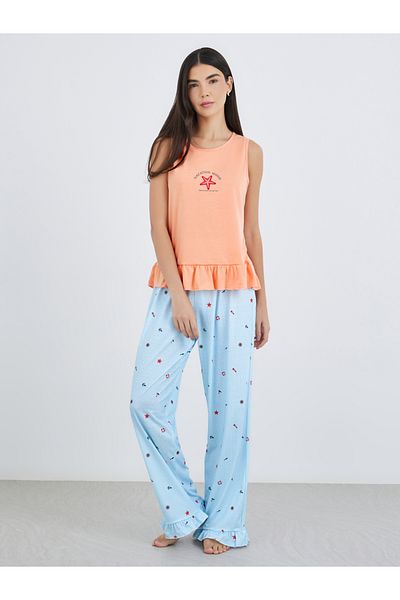 Styli Ocean Theme Print Ruffle Hem Tank and Wide Leg Pyjama Set