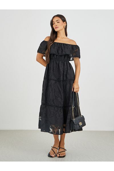 Styli Lace Off Shoulder Tiered Midi Dress