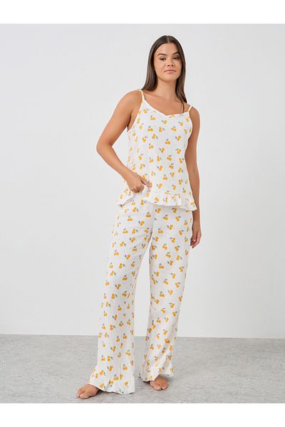Styli All-Over Cherry Print Cotton Gauze Ruffle Hem Cami and Pyjama Set