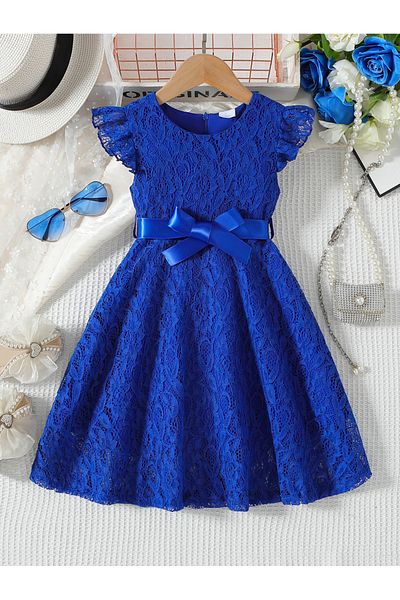 Take Two By Styli Lace Round Neck Bow Detail Ruffle Hem Knee Length Dress