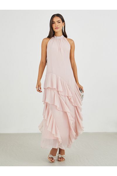 Styli Solid Halter Neck Ruffled Tiered Maxi Dress