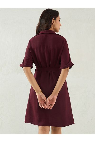 Femmella By Styli Purple Crinkled Button Down Shirt Knee Length Dress