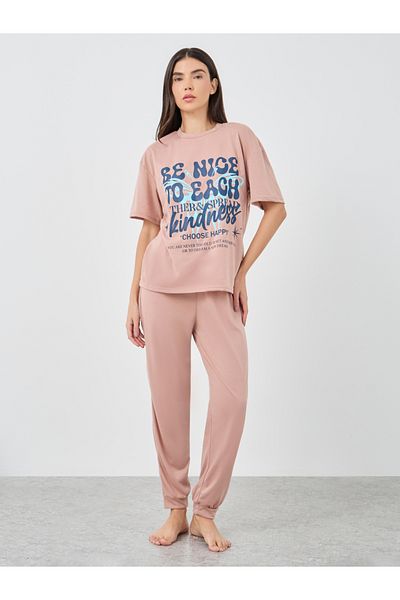 Styli Be Nice Graphic Dropped Shoulder T-Shirt and Cuffed Pyjama Set