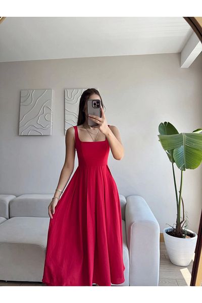 Zoom Butik Valeria Square Neck Midi Dress - Red