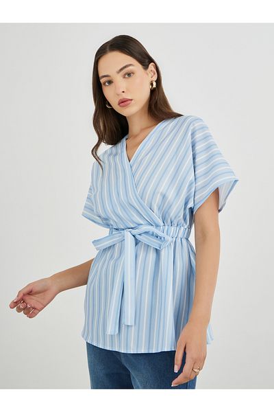 Styli Striped V-Neck Waist Tie Blouse