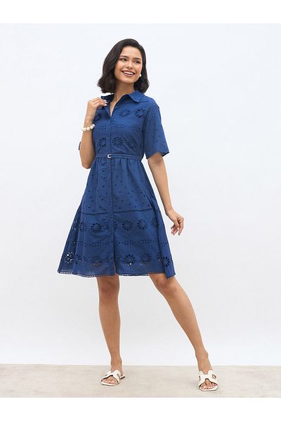 Styli Schiffli Short Sleeve Shirt Mini Dress