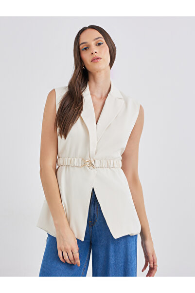 Styli Women Off White Regular Fit Longline Sleeveless Belted Blazer