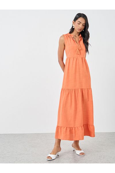 Styli Solid Sleeveless V-Neck Ruffled Hem Tiered Maxi Dress