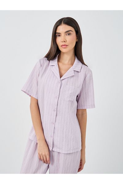 Styli Textured Striped Buttoned Shirt and Pyjama Set