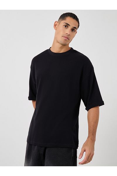Styli Waffle Knit Oversized T-Shirt with Turn-Up Sleeves