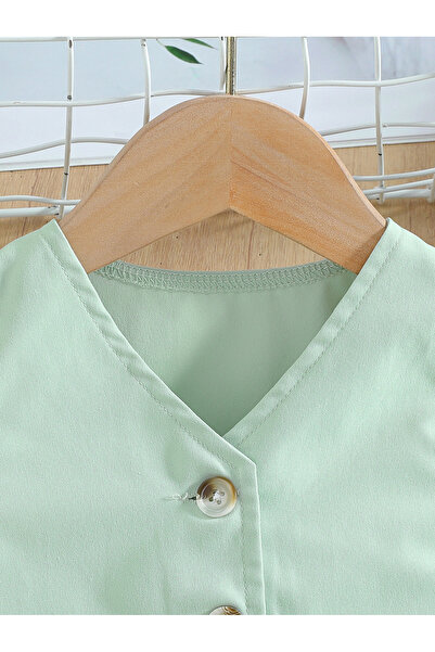 Take Two By Styli Girls Green Button Detail Vest and Wide Leg Pants Set