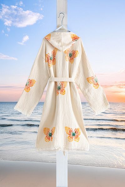 VAROL Organic 100% Cotton Hooded Robe Beach Dress - Butterfly - L/Xl