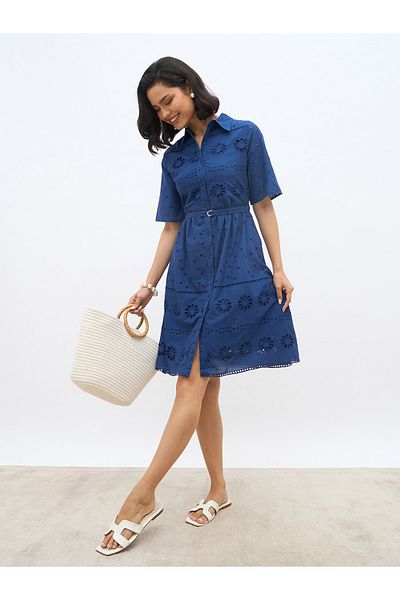 Styli Schiffli Short Sleeve Shirt Mini Dress