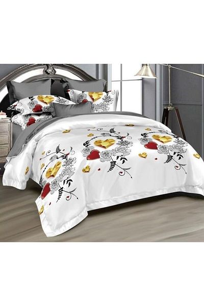 Pucioasa Double Bed Linen, Pucioasa, Finet, 6 Pieces, Heart Diamond Print, 245x250cm, White-Grey