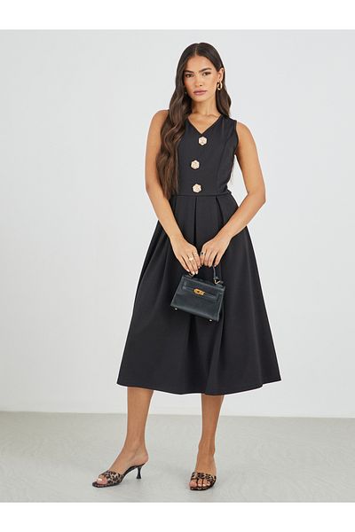 Styli Solid Sleeveless Buttoned A-Line Midi Dress