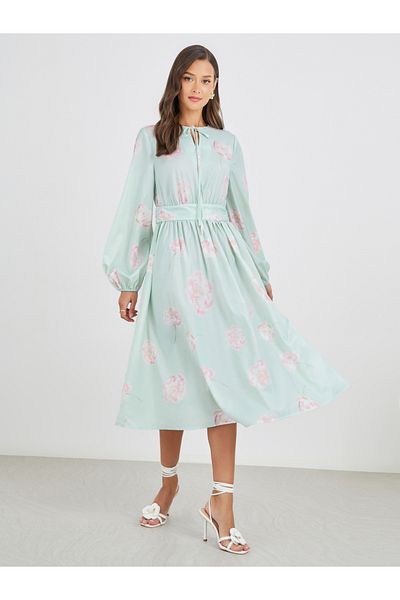 Styli Floral Print Balloon Sleeves A-Line Midi Dress with Cinched Waist