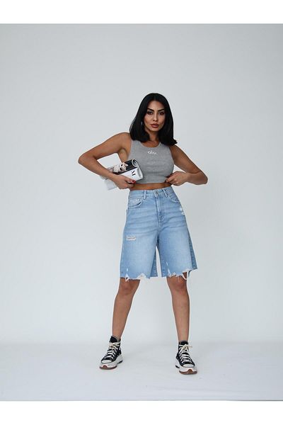 Zeo Basic Pantaloni scurți Bermuda lungi de damă, cu detaliu rupt, mărime midi, albastru proaspăt deschis