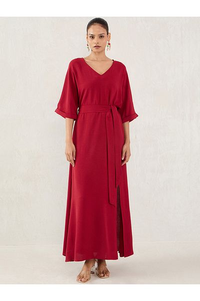 Femmella By Styli Maroon Solid V Neck A-Line Maxi Dress with Side Slit