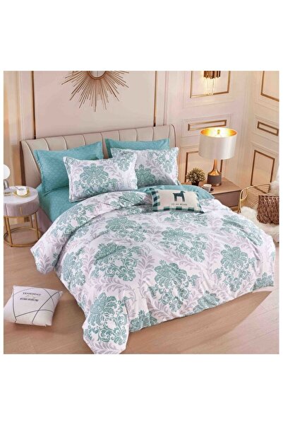 JOJO HOME Lenjerie de pat, Jojo Home, 6 piese, 2 persoane, 245x250cm, Imprimeu Elegant, Finet Superior, Alb-Tu