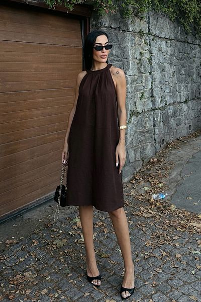 Fav Style Γυναικείο κοντό φόρεμα με γιακά Halter Αμάνικο λινό με τσέπες καφέ