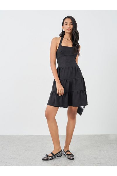 Styli Solid Sleeveless Halter Neck Tiered Mini Dress