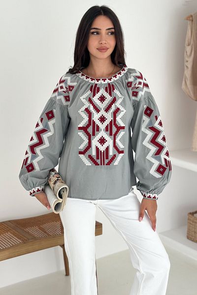 FEMELLE Women's Balloon Sleeve Round Neck Ethnic Pattern Embroidery Embroidered Cotton Blouse