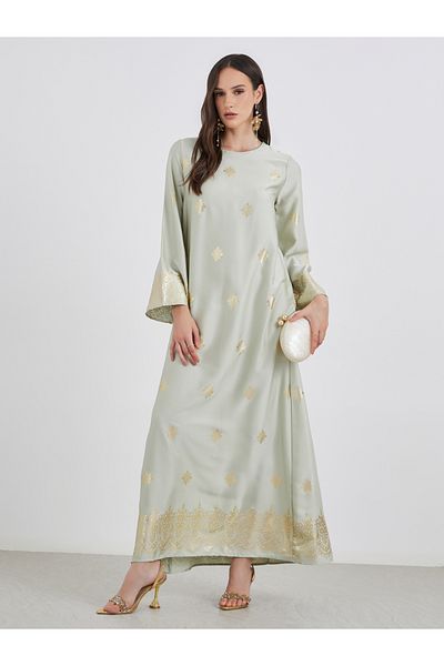 Styli Women Green Foil Print Round Neck Jalabiya