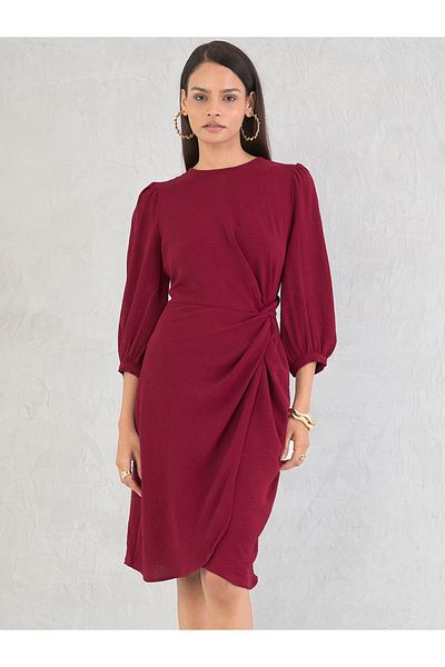 Femmella By Styli Maroon Crinkled Knot Detail A-Line Knee-Length Dress