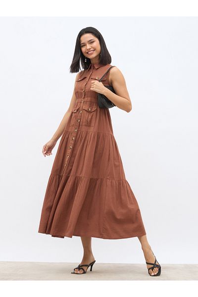 Styli Solid Sleeveless Tiered Maxi Dress with Button Front