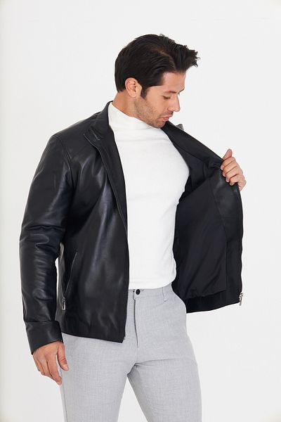 By Marki Marki Men's Genuine Leather Jacket – Black, Stand Collar, Zippered, Lined, 70 cm - 506322