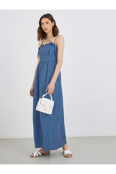 Styli Plaid Sleeveless A-Line Maxi Dress with Square Neck