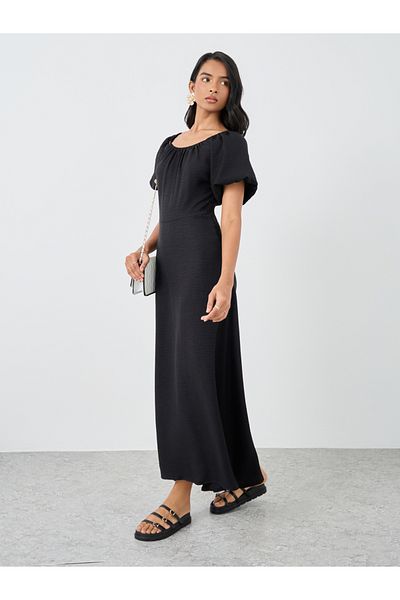Styli Solid Puff Sleeves Round Neck Midi Dress