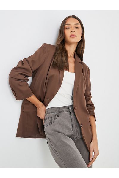 Styli Women Brown Solid Oversized Longline Single Breasted Blazer
