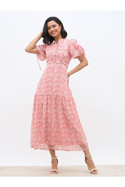 Styli All-Over Floral Print Balloon Sleeves A-Line Maxi Dress with Ruched Detail