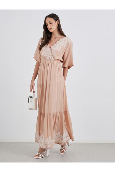 Styli Embroidered V Neck Tiered Maxi Dress