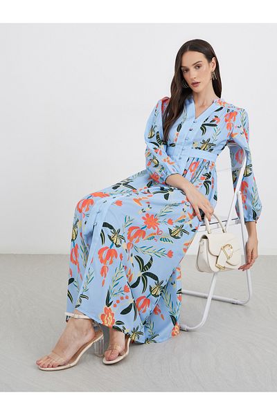 Styli All Over Print Buttoned A-Line Maxi Dress